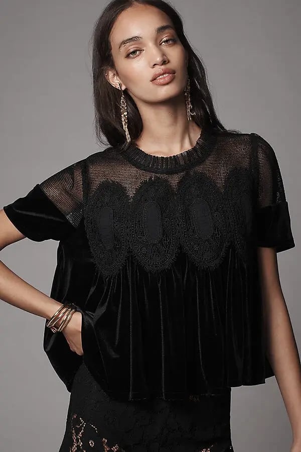 Anthropologie EN ELLY Velvet Scallop Top - Black Size: L
