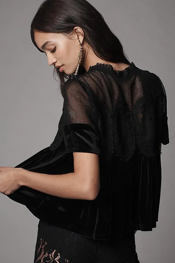 Anthropologie EN ELLY Velvet Scallop Top - Black Size: L