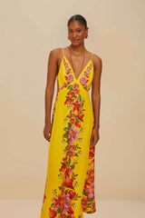 Farm Rio Yellow Summer Fruit Scarf Maxi Dress - Size: XL