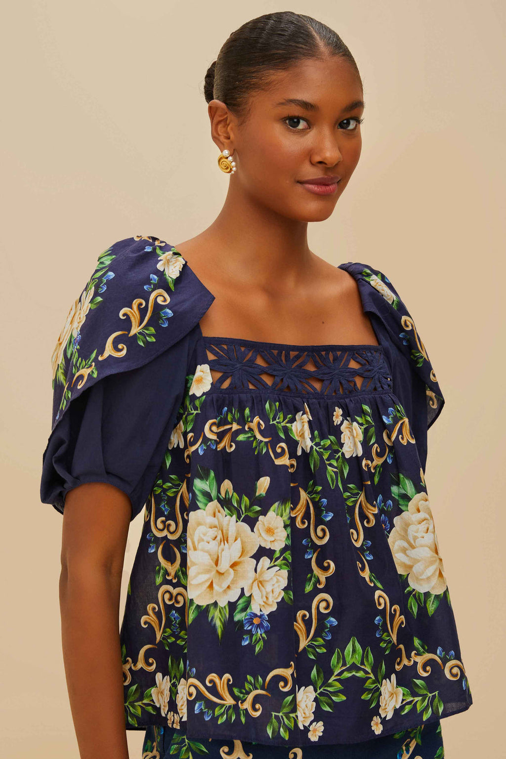 Farm Rio Blue Flower Tapestry Yoke Blouse - Small
