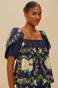 Farm Rio Blue Flower Tapestry Yoke Blouse - Small