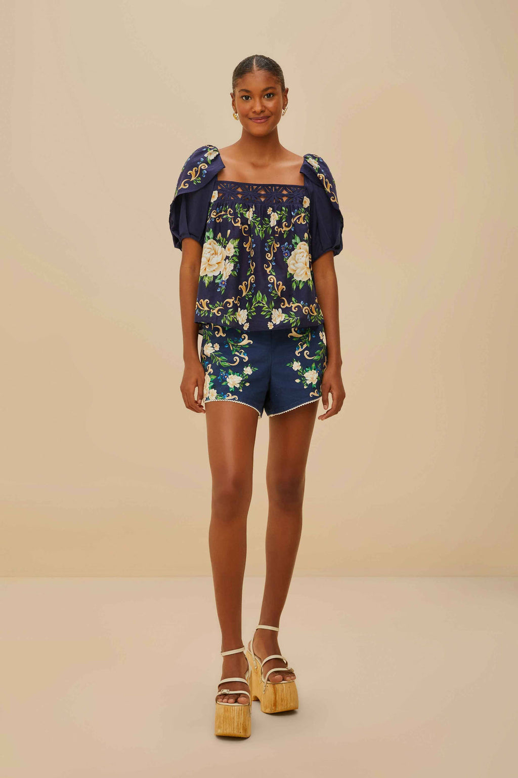 Farm Rio Blue Flower Tapestry Yoke Blouse - Small