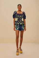Farm Rio Blue Flower Tapestry Yoke Blouse - Small