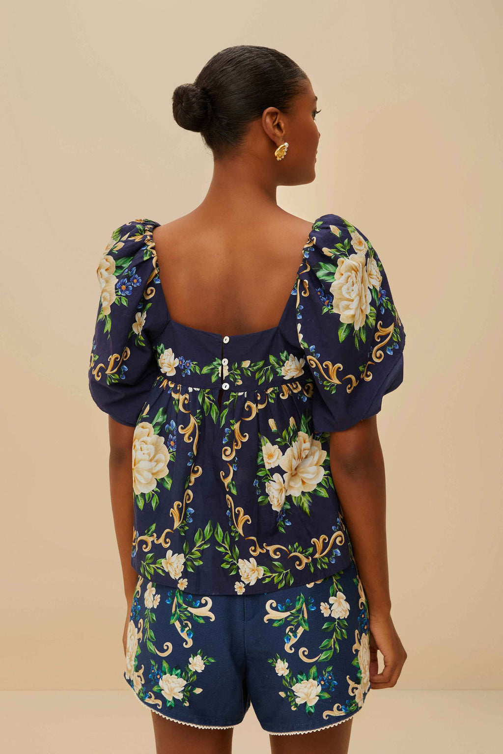 Farm Rio Blue Flower Tapestry Yoke Blouse - Small