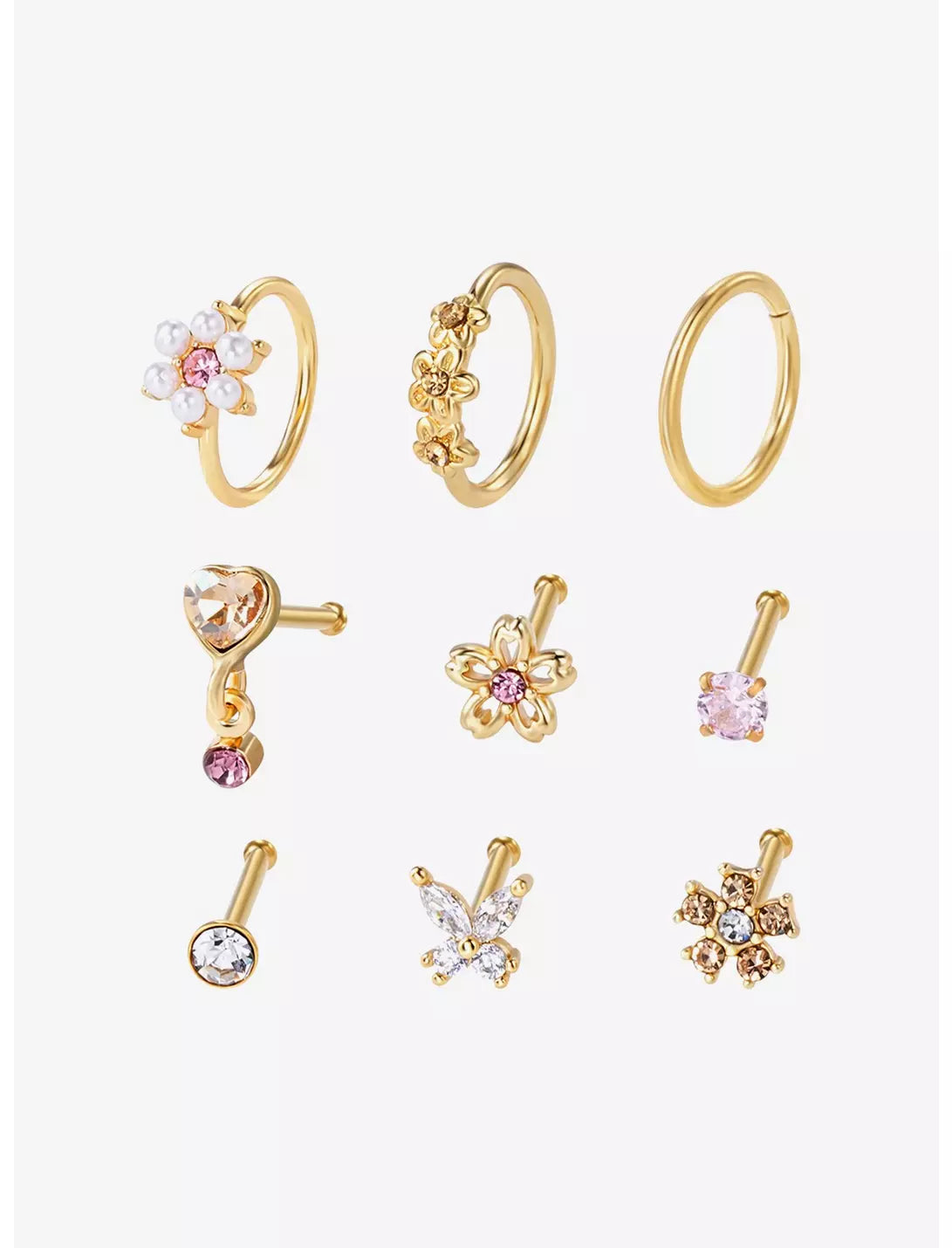 Steel Gold Floral Butterfly Nose Stud & Hoop 9 Pack