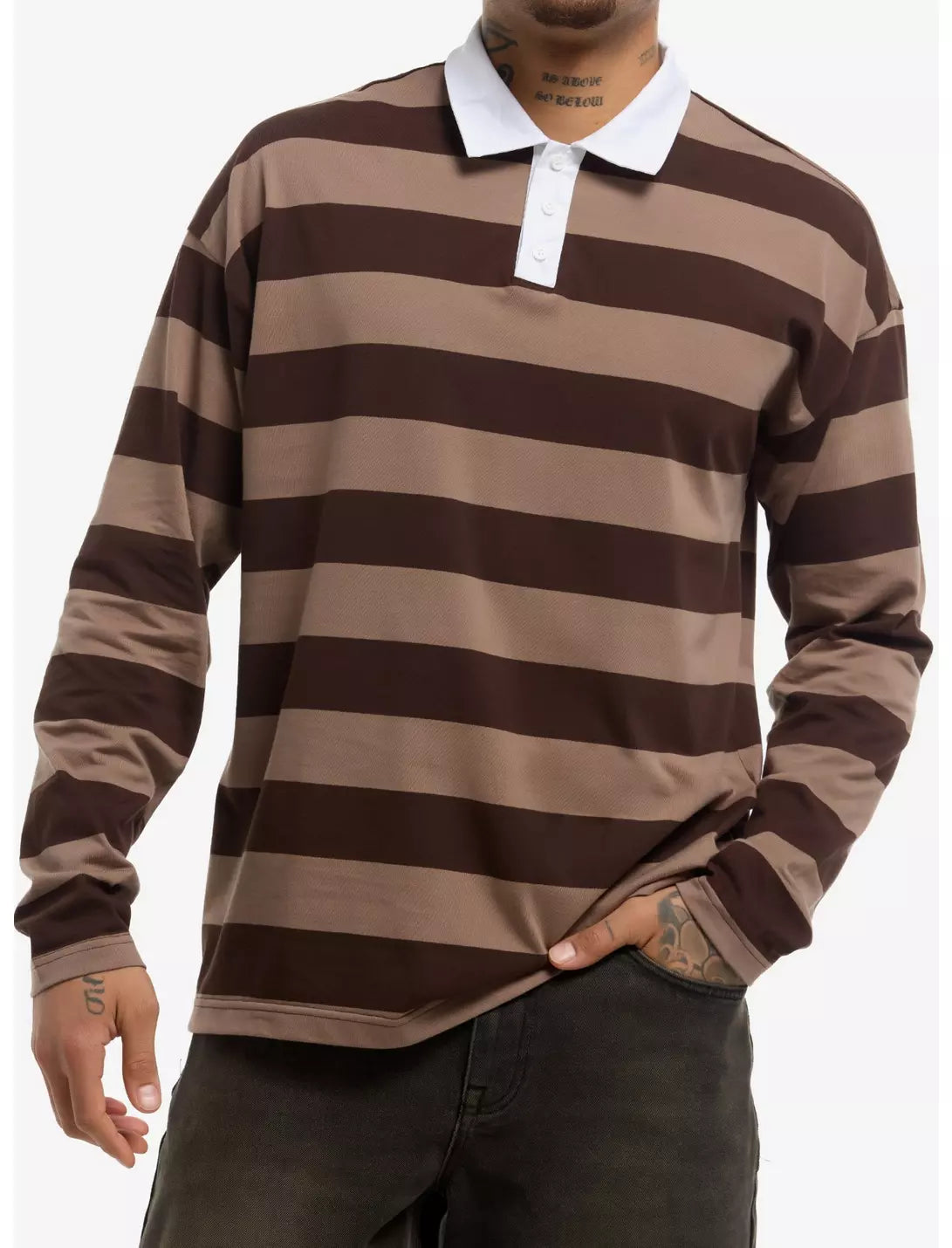 Brown Stripe Long-Sleeve Polo Shirt Size M