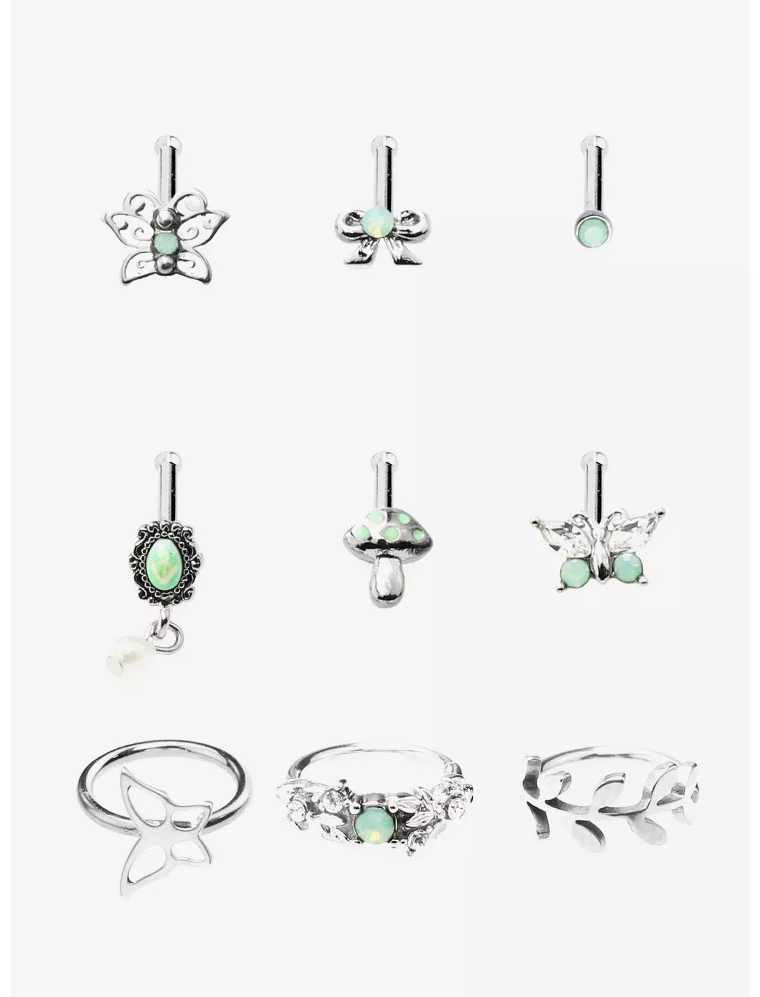 Steel Butterfly Mushroom Leaf Nose Stud & Hoop 9 Pack