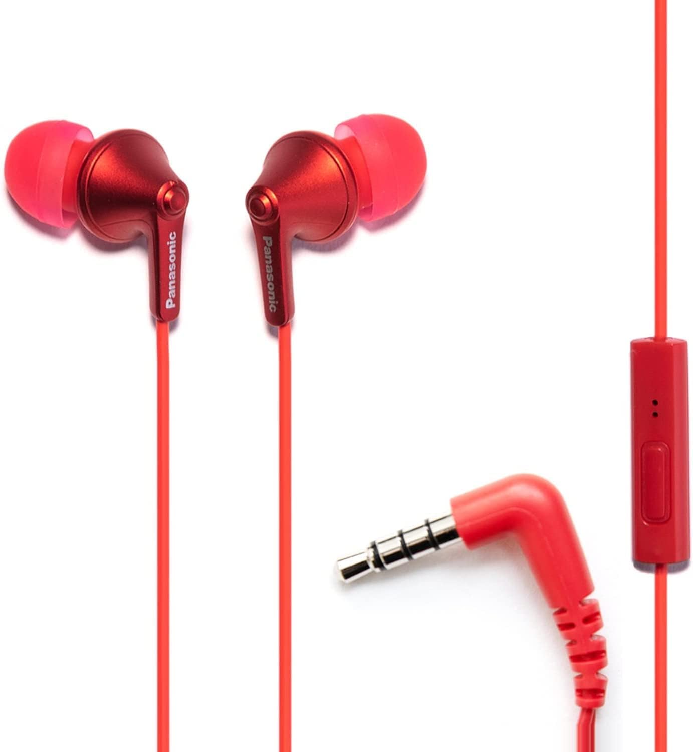 Panasonic ErgoFit Wired Earbuds, In-Ear Headphones with Microphone and Call Controller, Ergonomic Custom-Fit Earpieces (S/M/L), 3.5mm Jack for Phones and Laptops - RP-TCM125-W (RED)
