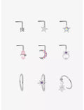 Steel Silver Star & Moon Gem Nose Stud & Hoop 9 Pack  20G NOSE BONE