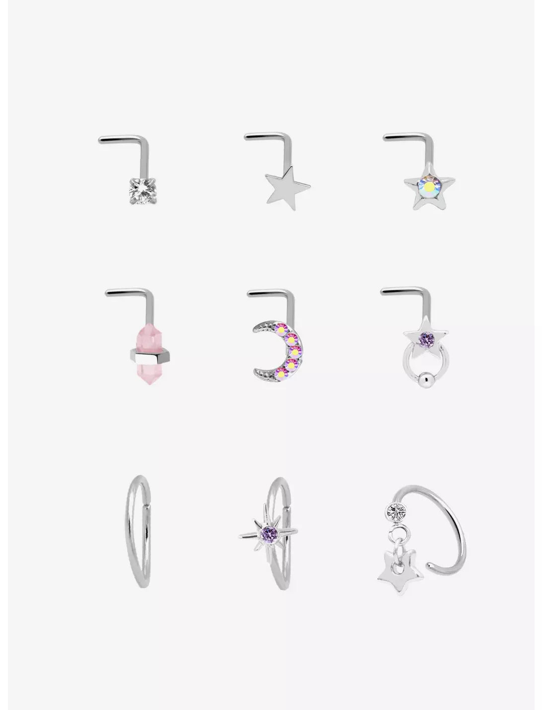 Steel Silver Star & Moon Gem Nose Stud & Hoop 9 Pack  20G NOSE BONE
