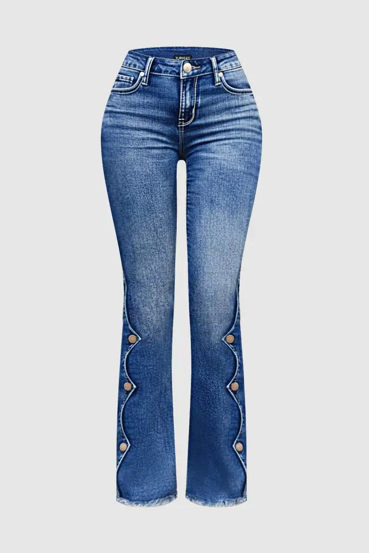 Raw Hem Button Side Mid Waist Bootcut Jeans Without Belt Size 0/2