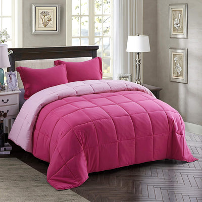 HIG 3pc Down Alternative Comforter Set - All Season Reversible Comforter with Two Shams - Quilted Duvet Insert with Corner Tabs - Box Stitched - Super Soft, Fluffy (Full/Queen, Pink)