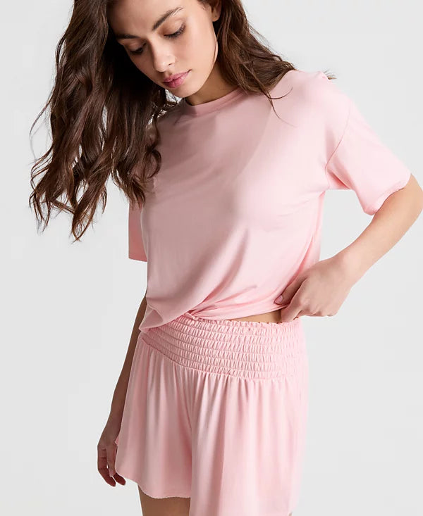 State of Day Women's Solid Short-Sleeve Picot Stitch Set (Size : Small) - Pink