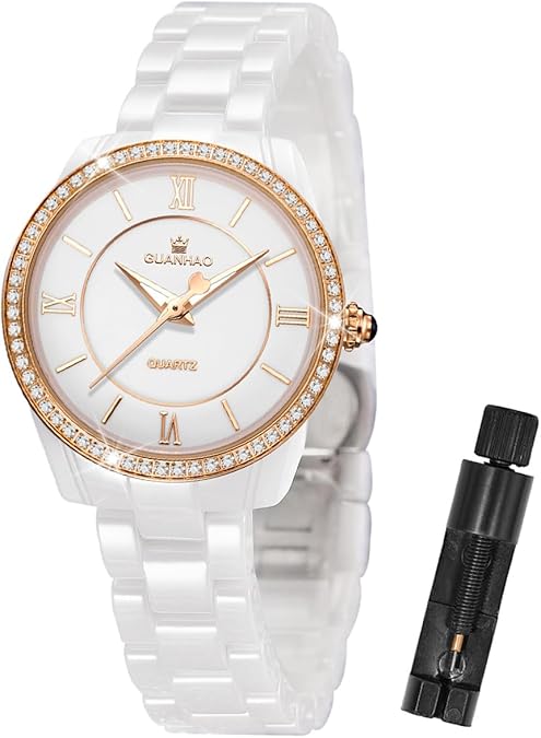 Ceramic Watches for Women, Fashion Ladies Watch Elegant Dress Women's Wristwatches with Diamond Accented Waterproof Calendar Mineral Glass (NEW, OPEN BOX)