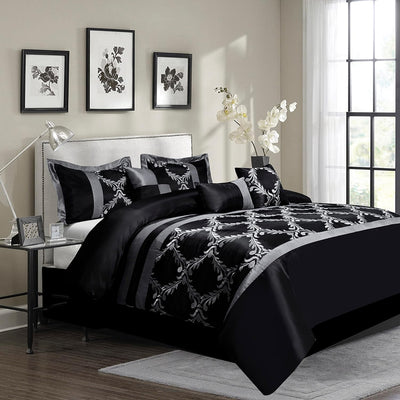 HIG 7 Piece Comforter Set Queen - Black and Sliver Faux Silk Fabric Embroidered - Claremont Bed in A Bag - Breathable and Wrinkle Resistant - 1 Comforter, 2 Shams, 3 Decorative Pillows, 1 Bedskirt