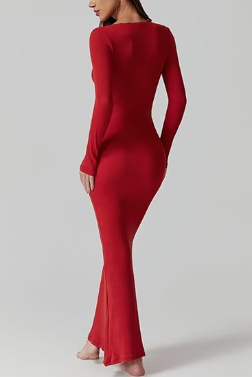 (L) QINSEN Women's Ribbed Knit Long Sleeve Scoop Neck Maxi Dress (RED) with Lace Details Bodycon Dress