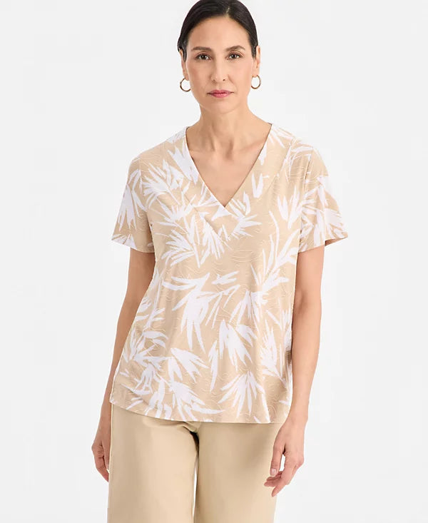 JM Collection Women's Printed Short Sleeve V-Neck Jacquard Top (Size : Large)