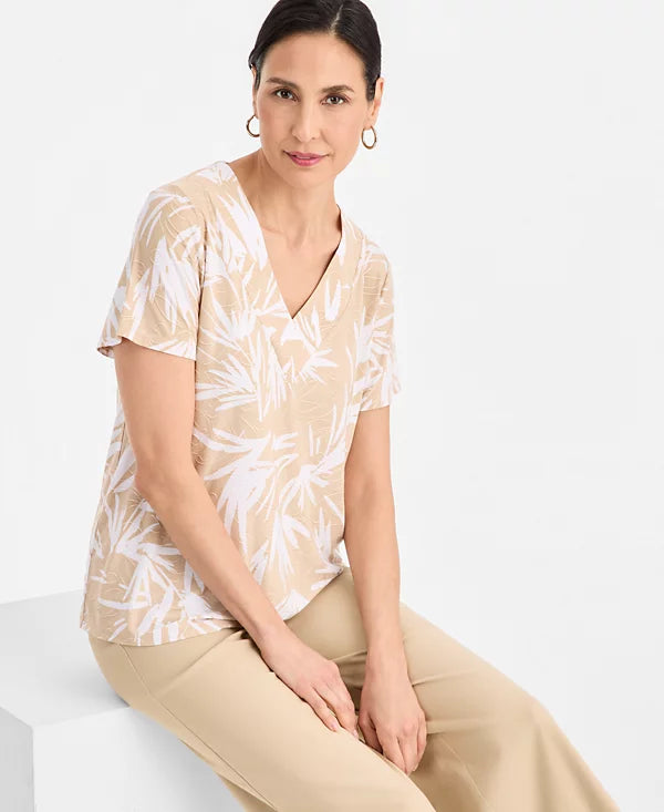 JM Collection Women's Printed Short Sleeve V-Neck Jacquard Top (Size : Large)