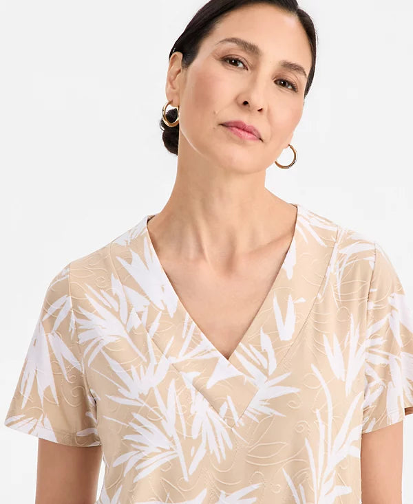 JM Collection Women's Printed Short Sleeve V-Neck Jacquard Top (Size : Large)