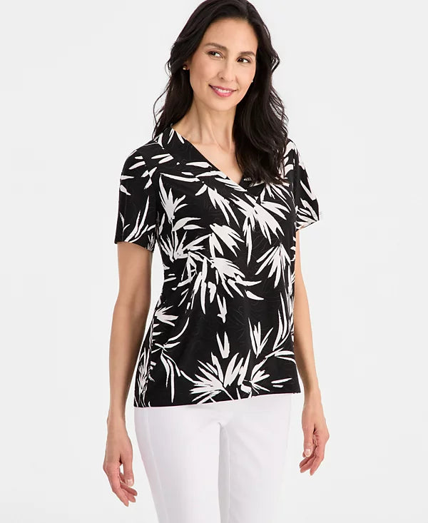 JM Collection Women's Printed Short Sleeve V-Neck Jacquard Top (Size: XX-Large)