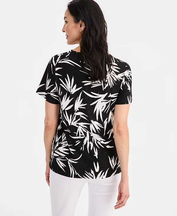 JM Collection Women's Printed Short Sleeve V-Neck Jacquard Top (Size: XX-Large)