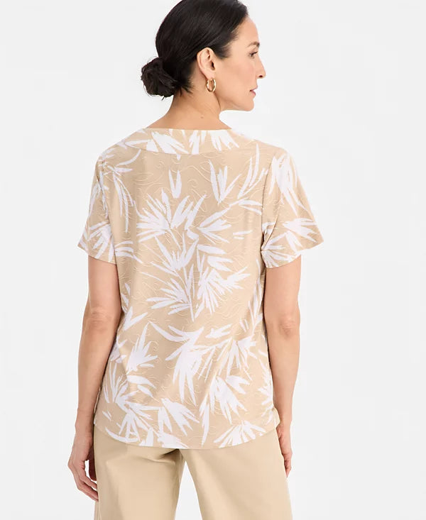 JM Collection Women's Printed Short Sleeve V-Neck Jacquard Top (Size : Large)