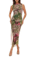 SOCIALITE | Floral Shirred Mesh Midi Dress in Olive/Pink | Medium