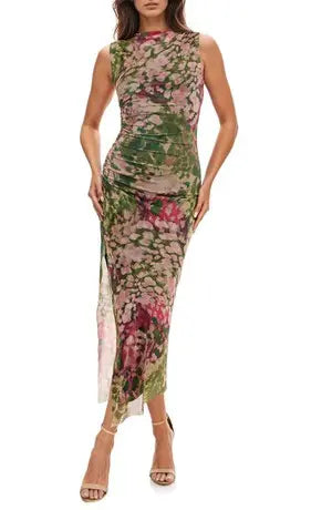 SOCIALITE | Floral Shirred Mesh Midi Dress in Olive/Pink | Medium