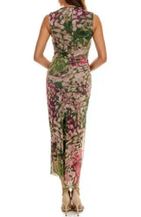 SOCIALITE | Floral Shirred Mesh Midi Dress in Olive/Pink | Medium