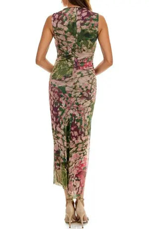 SOCIALITE | Floral Shirred Mesh Midi Dress in Olive/Pink | Medium