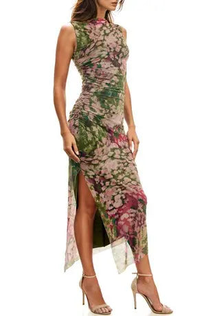 SOCIALITE | Floral Shirred Mesh Midi Dress in Olive/Pink | Medium