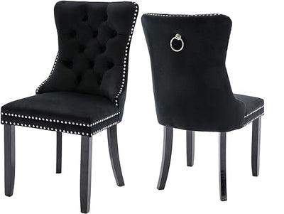 Tufted Set of 2 Black Dining Chairs with Nailhead Back and Ring Pull Trim, Velvet Upholstered Dining Chairs for Kitchen/Bedroom/Dining Room