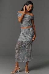 Maeve Mesh Ruched Maxi Skirt - Light Blue