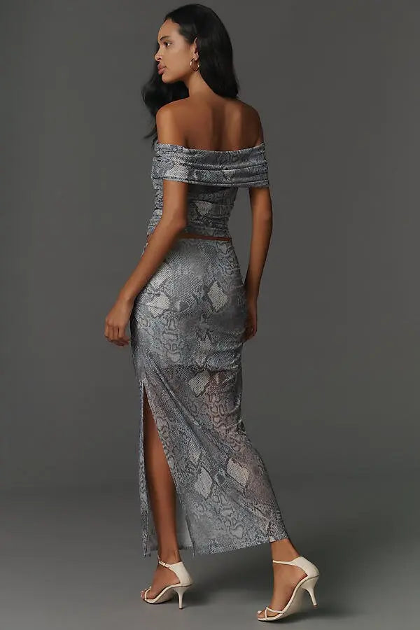 Maeve Mesh Ruched Maxi Skirt - Light Blue