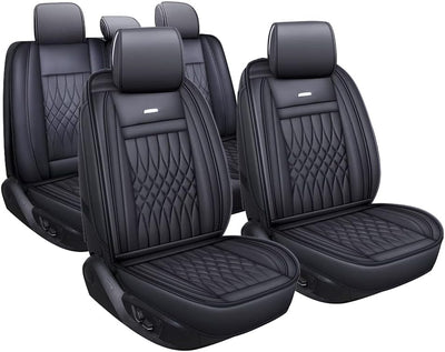 LUCKYMAN CLUB 5 Car Seat Covers Full Set with Waterproof Leather Universal Fit for Elantra Sonata Sportage RAV4 CRV Altima Accord Chevy Equinox (Black Full Set)