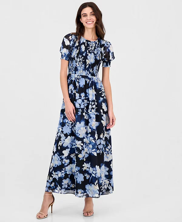 Anne Klein Women's Printed Puff-Sleeve Smocked Maxi Dress Size M