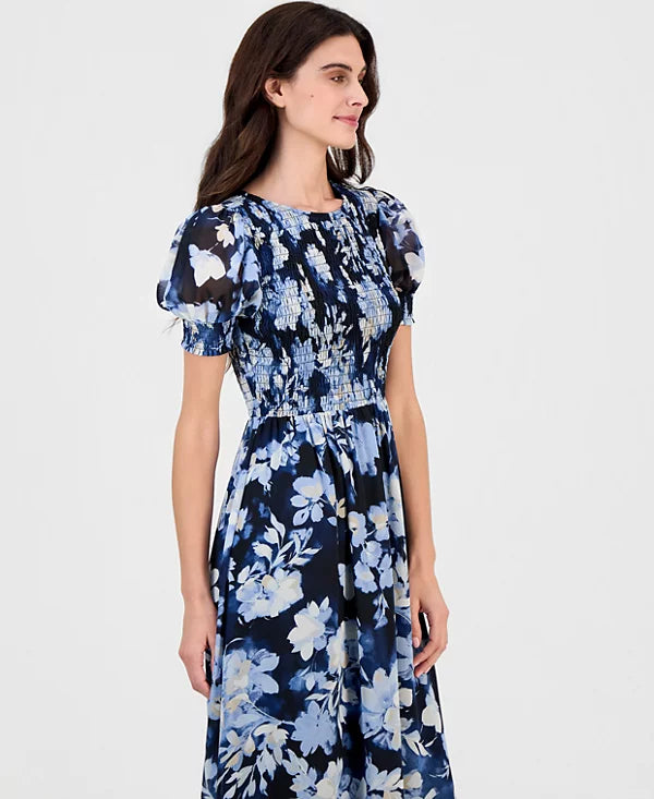 Anne Klein Women's Printed Puff-Sleeve Smocked Maxi Dress Size M