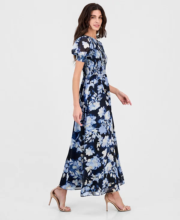 Anne Klein Women's Printed Puff-Sleeve Smocked Maxi Dress Size M