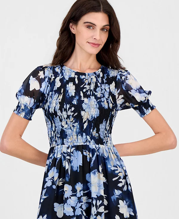Anne Klein Women's Printed Puff-Sleeve Smocked Maxi Dress Size M