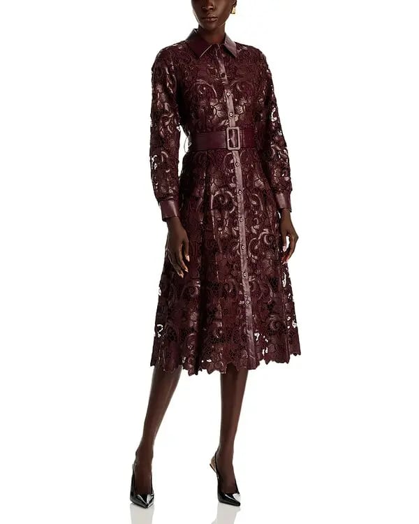 Elie Tahari Chayenne Faux Leather Lace Midi Dress Size: 8
