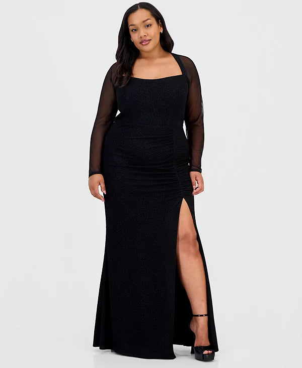 Macys City Studios Trendy Plus Size Mesh-Sleeve High-Slit Gown Size 14W