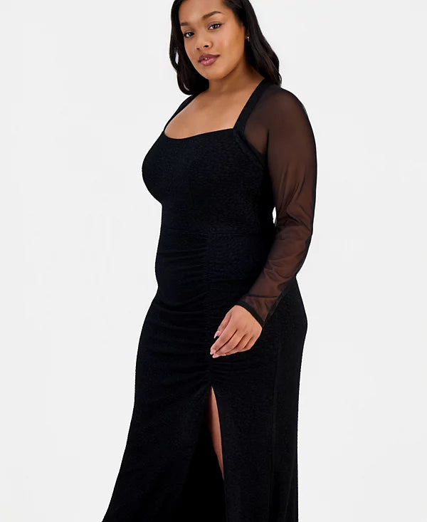Macys City Studios Trendy Plus Size Mesh-Sleeve High-Slit Gown Size 14W
