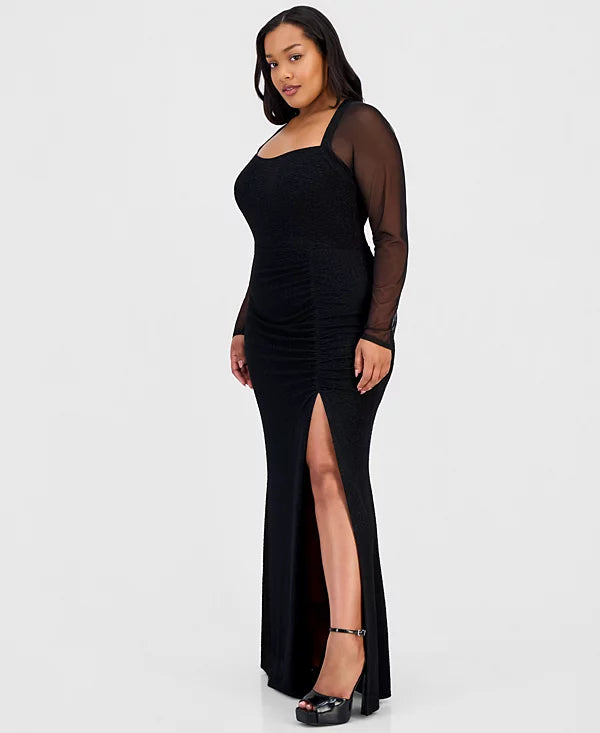 Macys City Studios Trendy Plus Size Mesh-Sleeve High-Slit Gown Size 14W