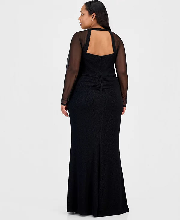 Macys City Studios Trendy Plus Size Mesh-Sleeve High-Slit Gown Size 14W