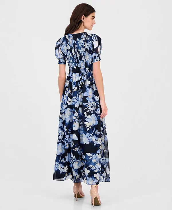 Anne Klein Women's Printed Puff-Sleeve Smocked Maxi Dress Size M