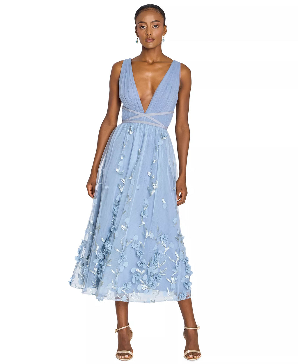 MARCHESA NOTTE Women's V-Neck 3D Floral Midi Dress - Dusty Blue - Size 2