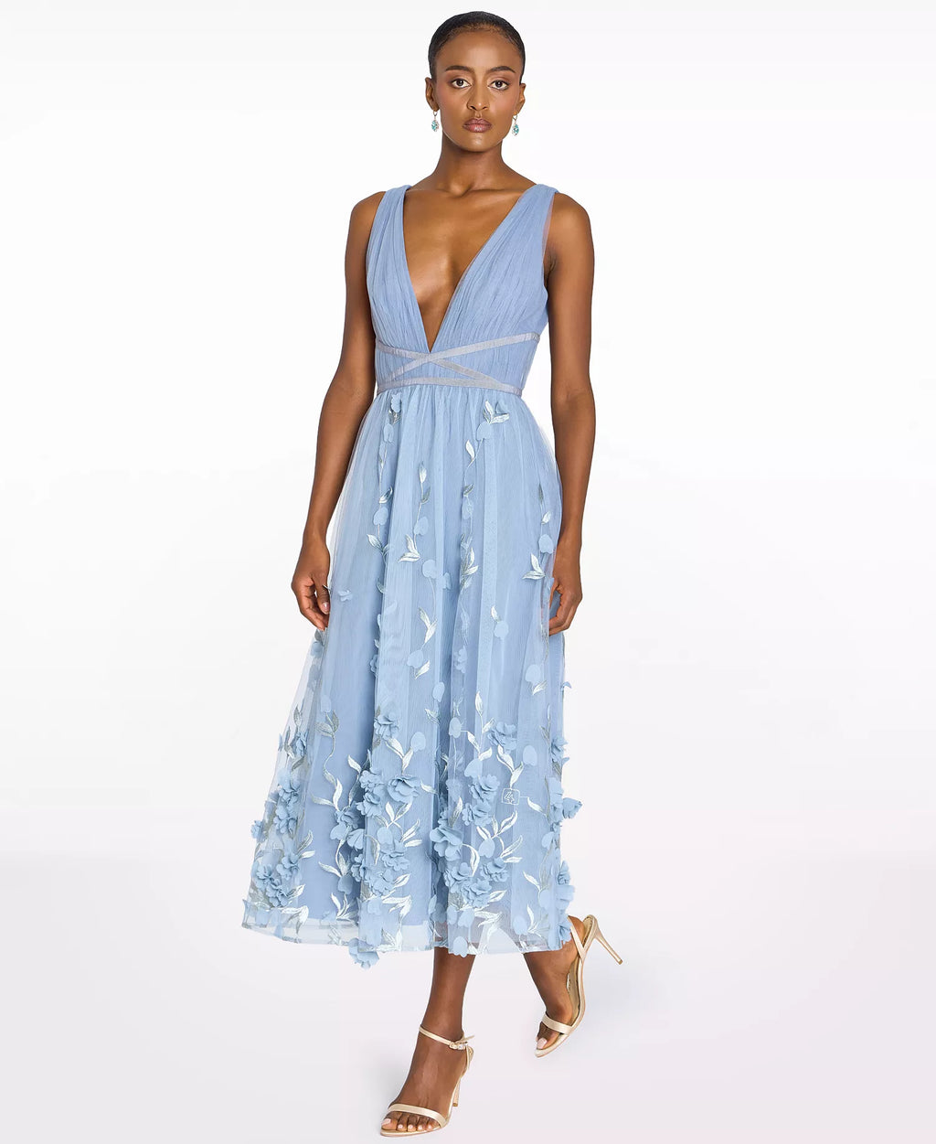 MARCHESA NOTTE Women's V-Neck 3D Floral Midi Dress - Dusty Blue - Size 2
