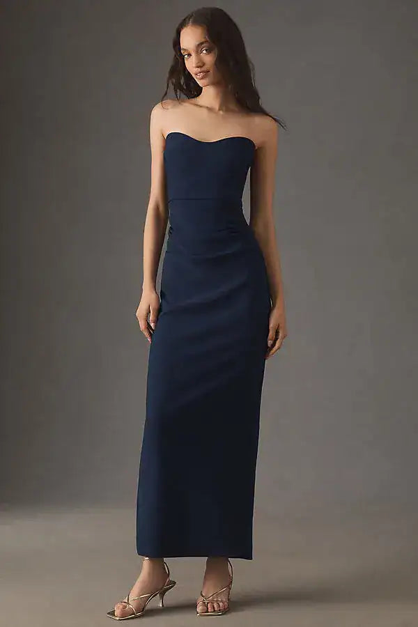 BHLDN Pippa Strapless Sweetheart Crepe Column Maxi Dress - Navy Blue