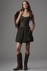 PILCRO Halter Sweetheart Bubble Mini Dress - Olive - Medium