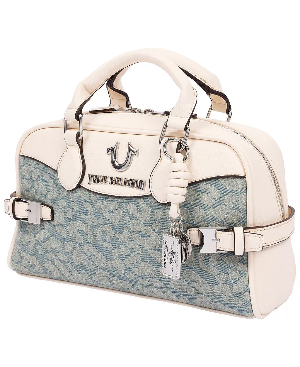 *True Religion Brooks Leopard Denim Satchel, HandBag, Cream/Light Blue